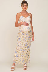 Yellow Floral Mesh V-Neck Maternity Maxi Dress