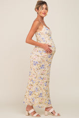 Yellow Floral Mesh V-Neck Maternity Maxi Dress