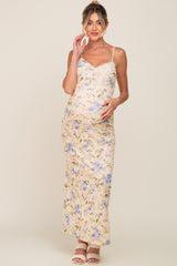 Yellow Floral Mesh V-Neck Maternity Maxi Dress