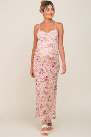 Pink Floral Mesh V-Neck Maternity Maxi Dress