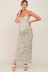 Mint Green Floral Mesh V-Neck Maternity Maxi Dress