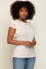 Cream Ribbed Layered Flounce Sleeve Top