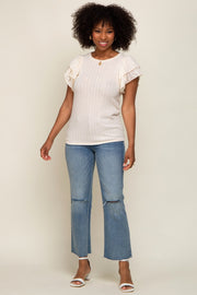 Cream Ribbed Layered Flounce Sleeve Top