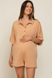 Camel Heathered Front Button Maternity Romper