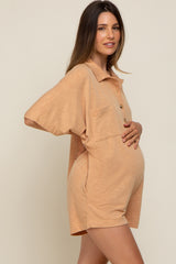 Camel Heathered Front Button Maternity Romper