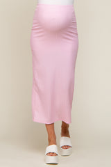 Light Pink Textured Slit Maternity Midi Skirt