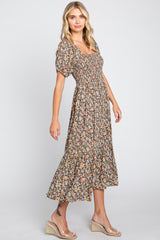 Mocha Floral Smocked Puff Sleeve Midi Dress