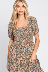 Mocha Floral Smocked Puff Sleeve Midi Dress