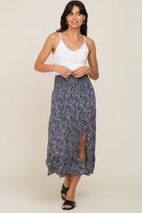 Navy Ditsy Floral Smocked Side Slit Maternity Midi Skirt