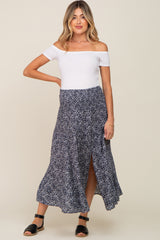 Navy Ditsy Floral Smocked Side Slit Maternity Midi Skirt