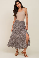 Brown Ditsy Floral Smocked Side Slit Midi Skirt