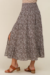 Brown Ditsy Floral Smocked Side Slit Midi Skirt