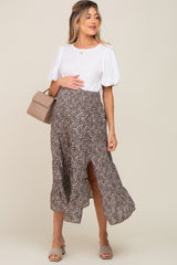 Brown Ditsy Floral Smocked Side Slit Maternity Midi Skirt