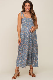 Blue Floral Smocked Maternity Maxi Dress