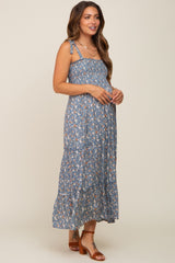 Blue Floral Smocked Maternity Maxi Dress