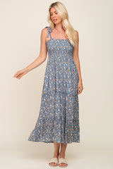 Blue Floral Smocked Maternity Maxi Dress