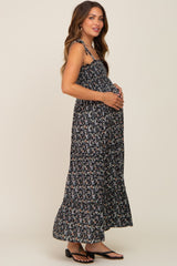 Black Floral Smocked Maternity Maxi Dress