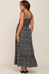 Black Floral Smocked Maternity Maxi Dress