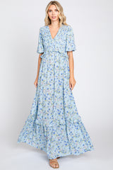 Light Blue Smocked V-Neck Flutter Short Sleeve Maxi Dress