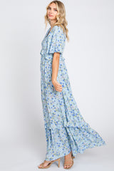 Light Blue Smocked V-Neck Flutter Short Sleeve Maxi Dress