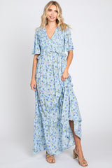 Light Blue Smocked V-Neck Flutter Short Sleeve Maxi Dress