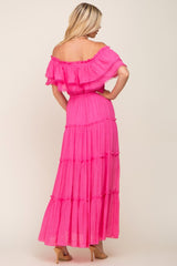 Pink Off Shoulder Eyelet Tiered Maternity Maxi Dress