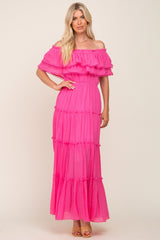 Pink Off Shoulder Eyelet Tiered Maternity Maxi Dress