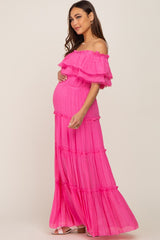 Pink Off Shoulder Eyelet Tiered Maternity Maxi Dress