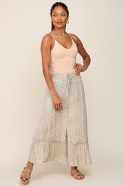 Mint Floral Button Ruffle Maxi Skirt