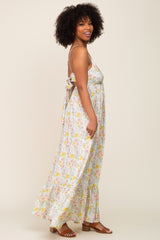 Cream Floral Back Tie Cutout Maxi Dress