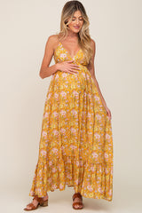 Gold Floral Back Tie Cutout Maternity Maxi Dress