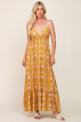 Gold Floral Back Tie Cutout Maternity Maxi Dress