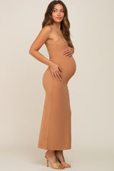 Camel Ribbed Basic Maternity Midi Dress