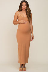 Camel Ribbed Basic Maternity Midi Dress