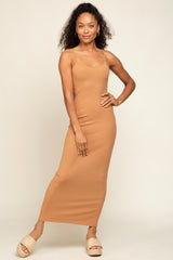 Camel Ribbed Basic Midi Dress