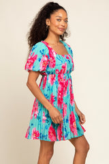 Turquoise Floral Chiffon Square Neck Pleated Dress