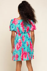 Turquoise Floral Chiffon Square Neck Pleated Dress