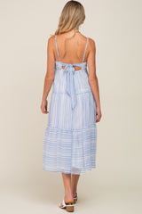 Blue Striped Chiffon Back Tie Tiered Maternity Midi Dress