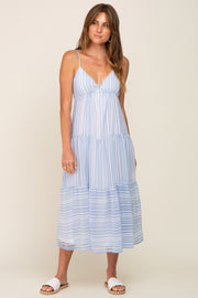 Blue Striped Chiffon Back Tie Tiered Midi Dress