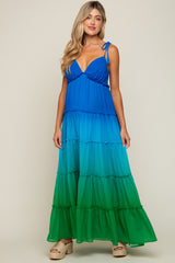 Blue Ombre Chiffon Shoulder Tie Tiered Maternity Maxi Dress