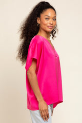 Fuchsia Satin V-Neck Blouse