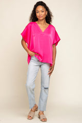 Fuchsia Satin V-Neck Blouse