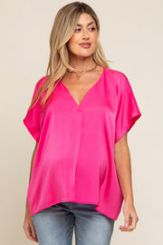 Fuchsia Satin V-Neck Maternity Blouse