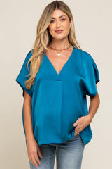 Teal Satin V-Neck Maternity Blouse