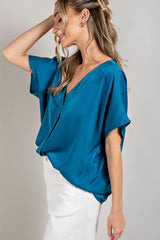 Teal Satin V-Neck Blouse