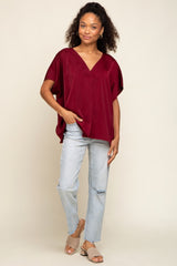 Burgundy Satin V-Neck Blouse