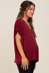 Burgundy Satin V-Neck Maternity Blouse