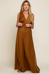 Camel Satin V-Neck Side Slit Maternity Jumpsuit