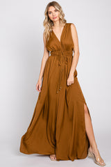 Camel Satin V-Neck Side Slit Jumpsuit