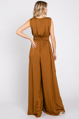 Camel Satin V-Neck Side Slit Jumpsuit